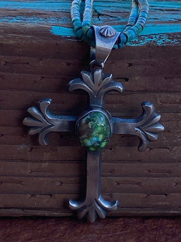 Navajo Sonoran Mountain Turquoise & Sterling Silver Cross Pendant By Chimney Butte