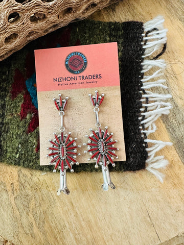 Zuni Sterling Silver & Coral Needlepoint Dangle Earrings