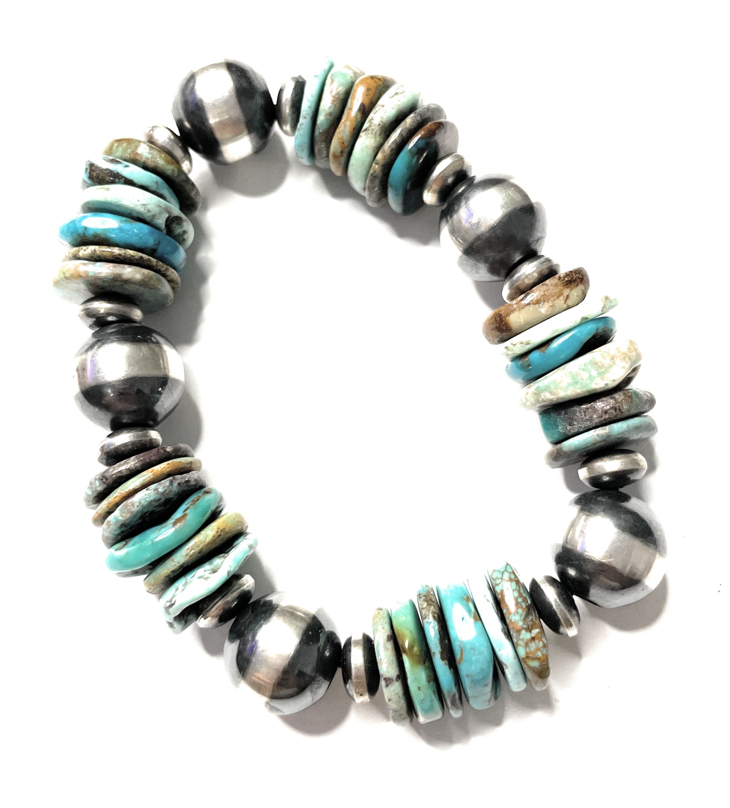 Navajo Sterling Silver Stretchy Natural #8 Turquoise Beaded Bracelet