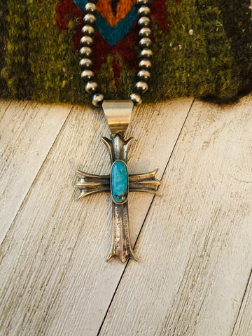 Navajo Sterling Silver & Turquoise Cross Pendant By Chimney Butte