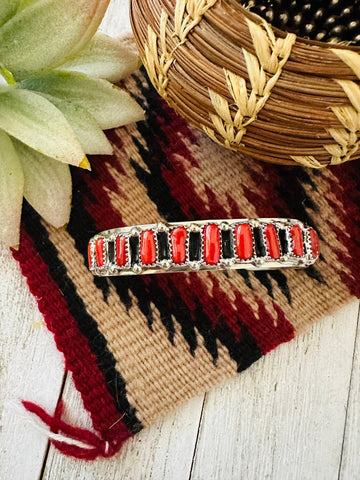 Navajo Coral & Sterling Silver Cuff Bracelet Signed