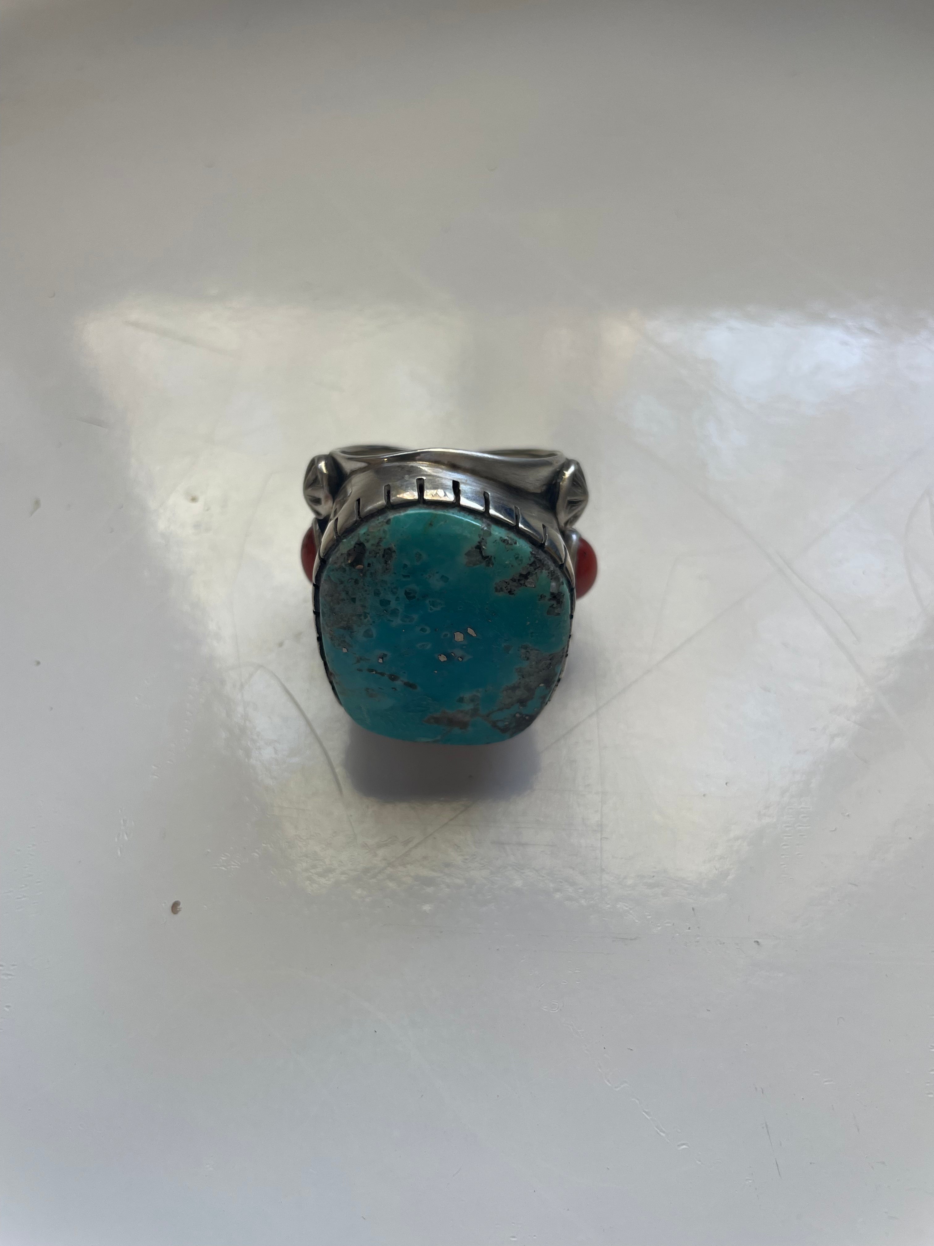 Navajo Turquoise, Coral & Sterling Silver Ring Size 12