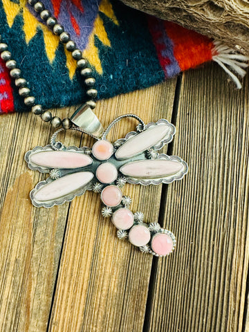 Navajo Queen Pink Conch & Sterling Silver Dragonfly Pendant By Shawn Cayatineto