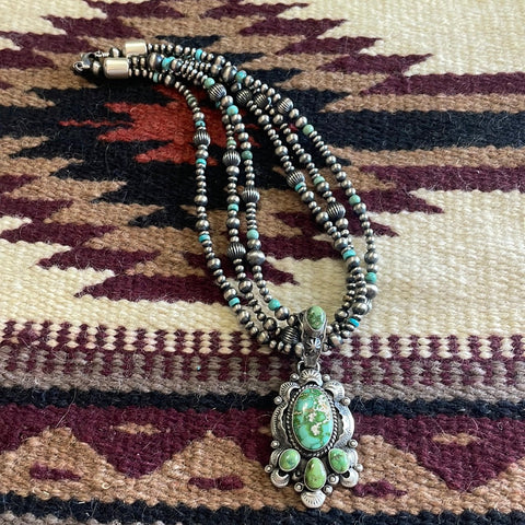 Beautiful Navajo Sterling Silver3 Strand Beaded Turquoise Necklace With Pendant Signed Gilbert Tom