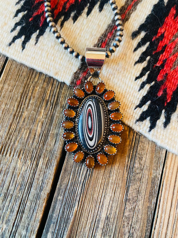 Handmade Sterling Silver, Fordite & Garnet Cluster Pendant