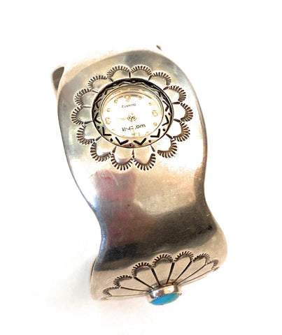 Old Pawn Vintage Navajo Turquoise & Hand Stamped Sterling Silver Watch Cuff