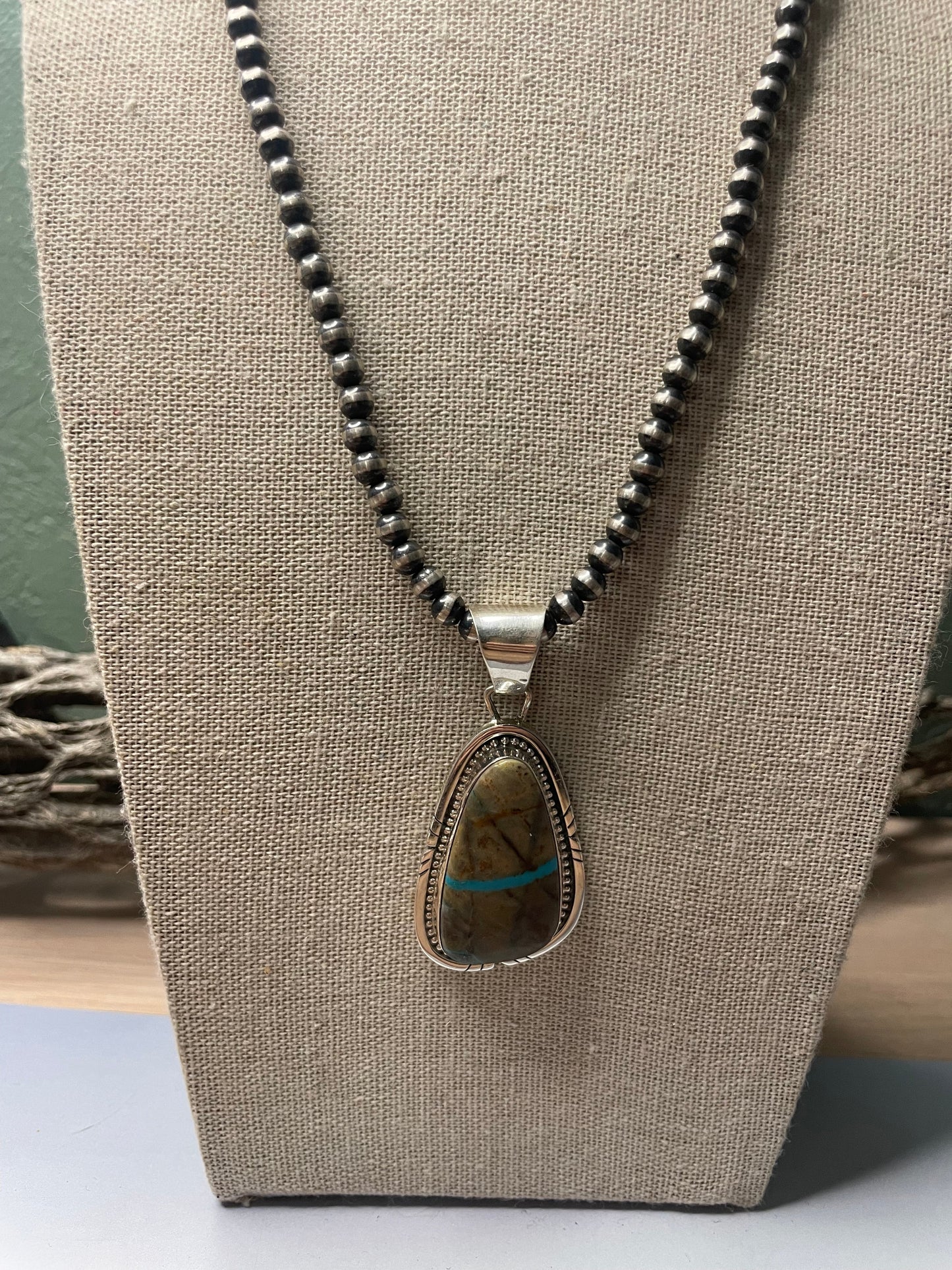 Navajo Sterling Silver & Turquoise Pendant Signed Sheila