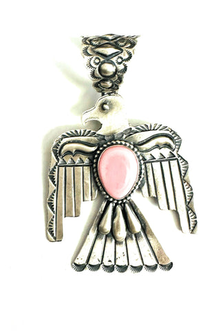 Navajo Queen Pink Conch & Sterling Silver Thunderbird Pendant By Shawn Cayatineto