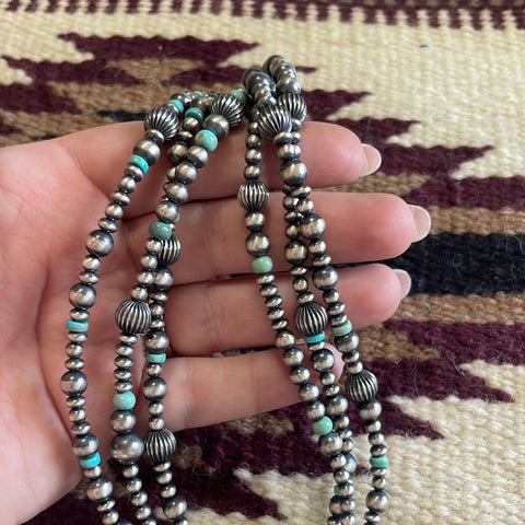 Beautiful Navajo Sterling Silver3 Strand Beaded Turquoise Necklace With Pendant Signed Gilbert Tom