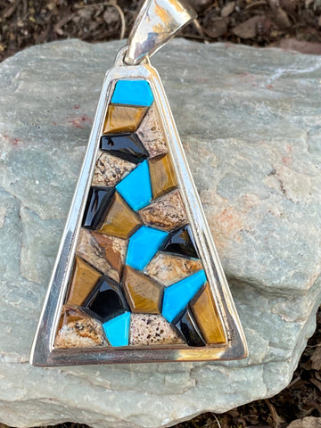 Navajo Rolled Turquoise, Petrified Wood, Onyx & Sterling Silver Pendant