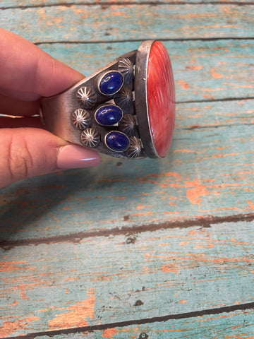 Chimney Butte Navajo Orange Spiny And Lapis Sterling Silver Cuff Bracelet Signed