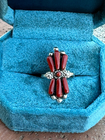 Zuni Sterling Silver & Coral Needlepoint Ring