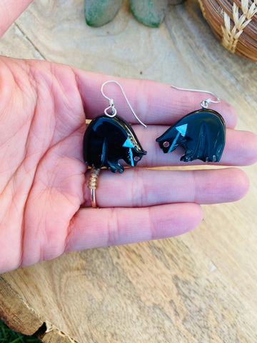 Vintage Zuni Jet & Turquoise Fetish Bear Earrings