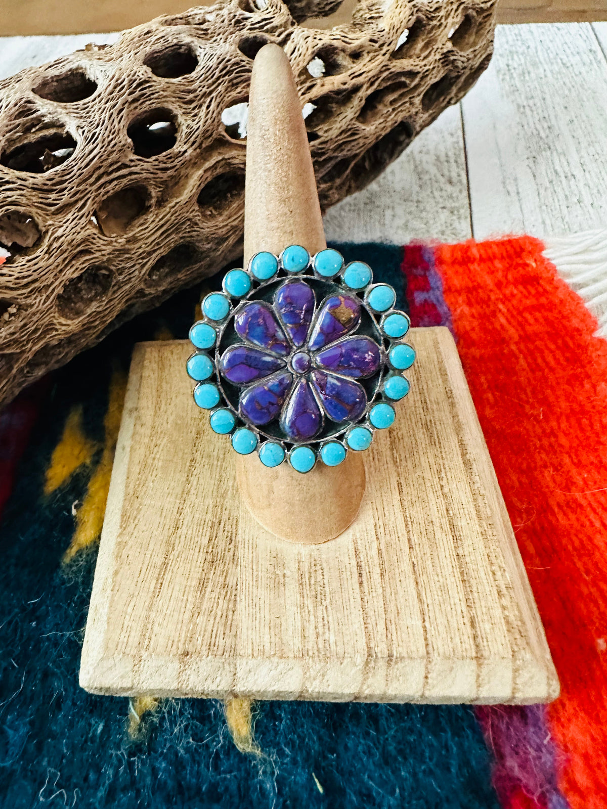 Handmade Sterling Silver, Turquoise & Purple Mojave Cluster Adjustable Ring