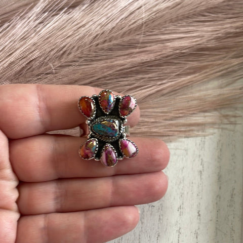 “The Willow” Handmade Sterling Silver, Pink & Purple Dream Cluster Adjustable Ring Signed Nizhoni