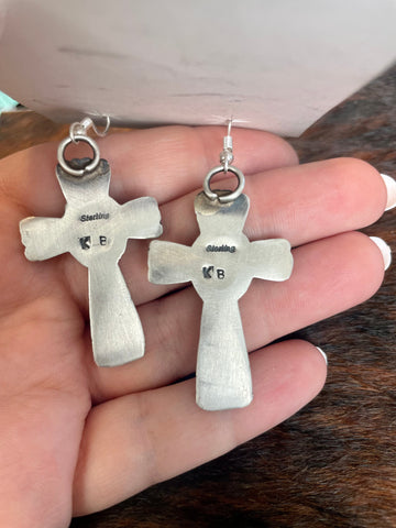 Navajo Turquoise And Sterling Silver Cross Earrings