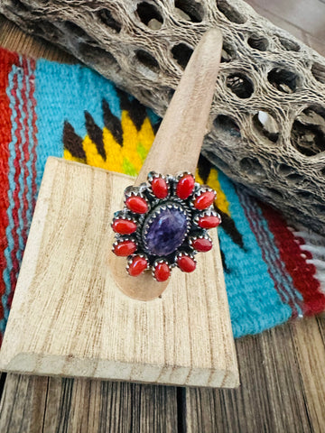 Handmade Sterling Silver, Charoite & Coral Cluster Adjustable Ring