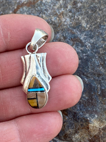 Navajo Turquoise, Onyx, Petrified Wood Pendant