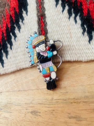 Old Pawn Zuni Multi Stone & Sterling Silver Inlay Kachina Pin/Pendant