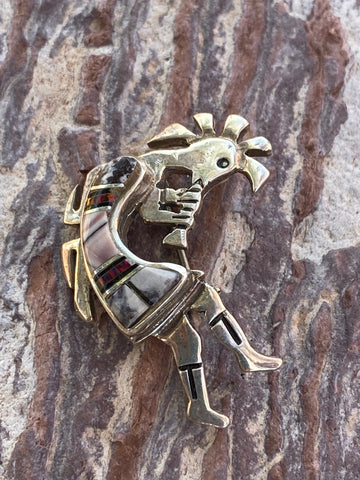 Navajo Onyx, Purple Spiny and Fire Opal  Sterling Silver Kokopelli Pin Pendant