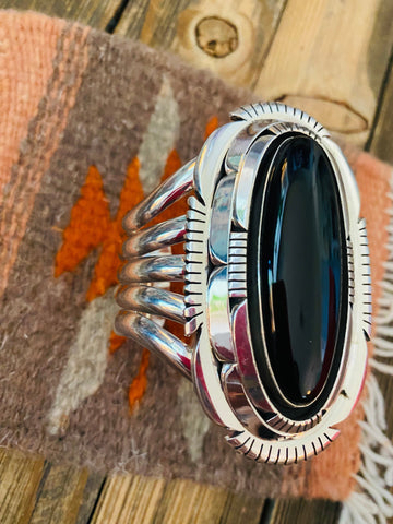 Navajo Sterling Silver & Black Onyx Cuff Bracelet Signed