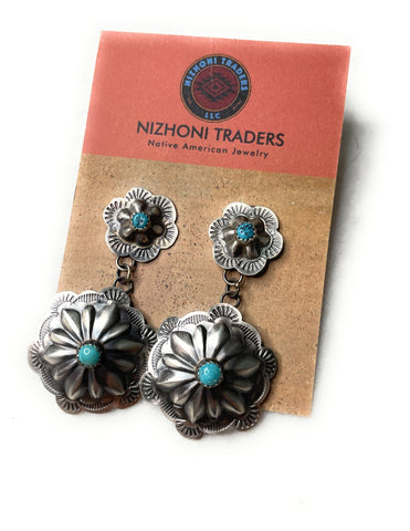 Navajo Sterling Silver And Turquoise Concho Dangle Earrings Signed