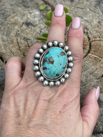 Navajo Sterling Cluster Silver Turquoise Oval Ring Sz 8