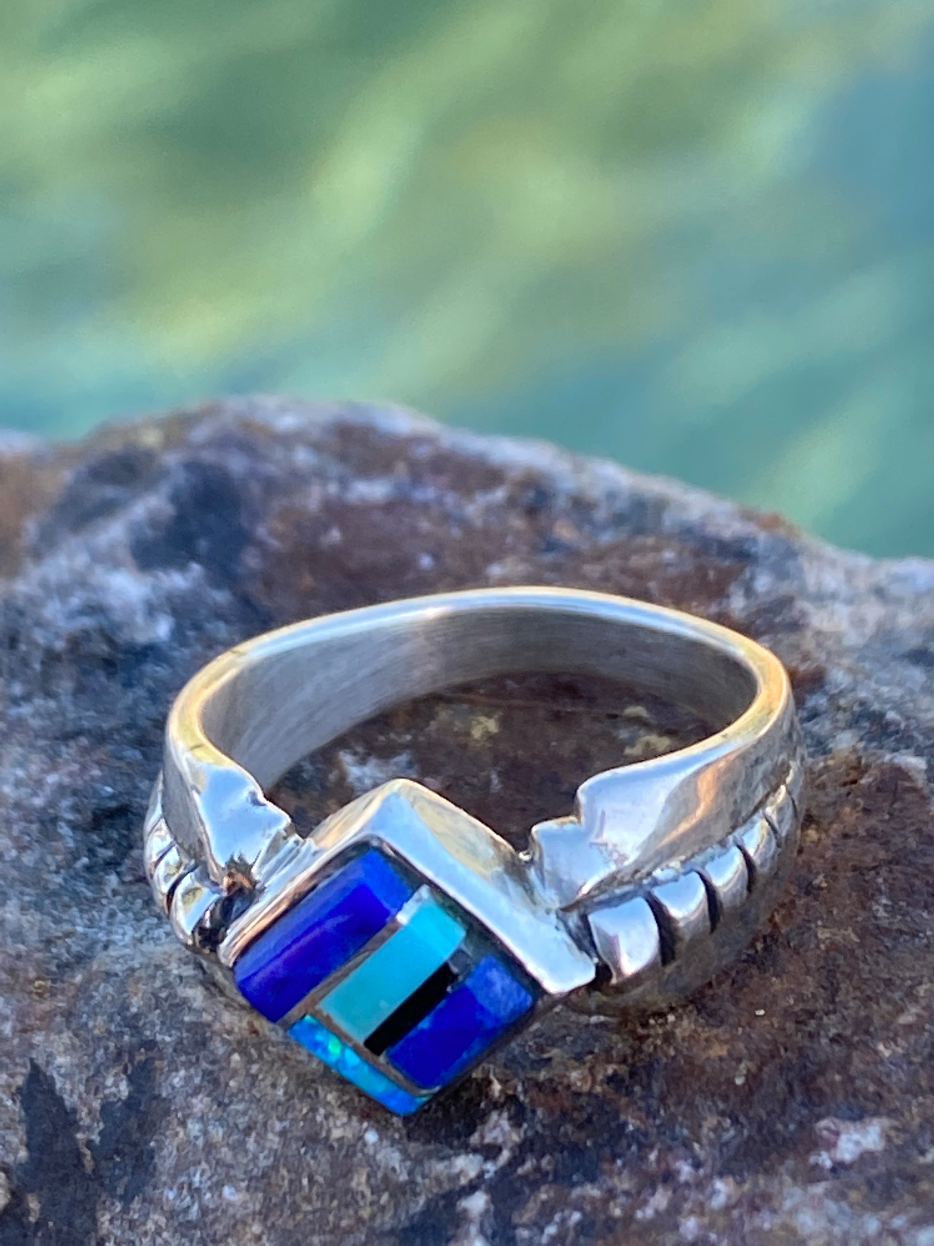 Navajo Lapis, Turquoise, Blue Opal Petite Square Ring Sz 5.25