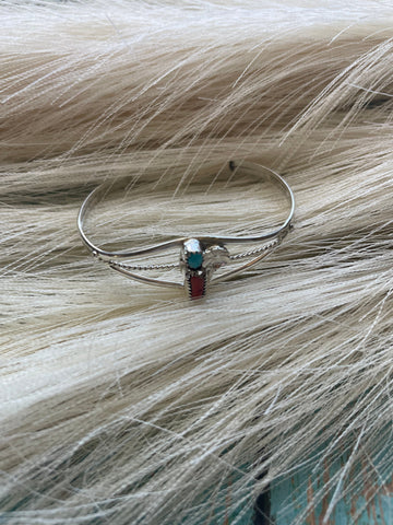 Navajo Sterling Silver, Turquoise, & Coral Baby Cuff Bracelet