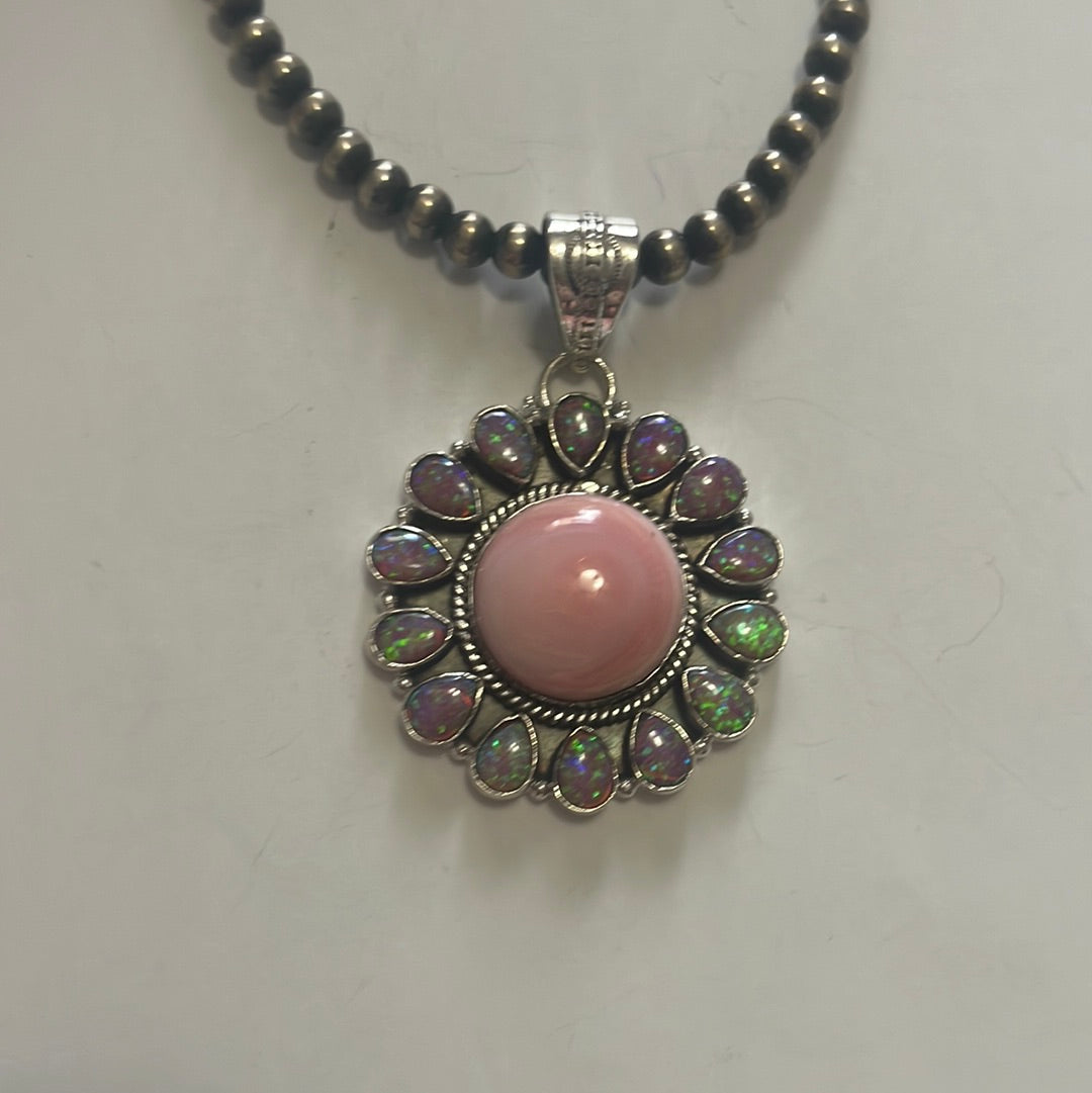 Handmade Pink Conch, Purple Fire Opal & Sterling Silver Circle Flower Pendant