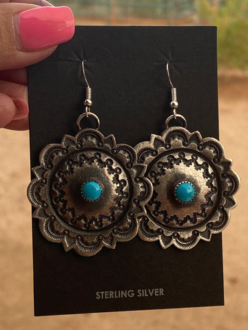 Navajo Turquoise & Sterling Silver Concho Dangle Earrings By Kevin Billah