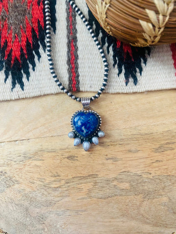 Denim Lapis & Pearl Heart Pendant