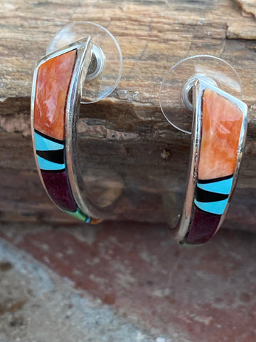 Navajo Turquoise Orange Spiny Half Hoop Stud Earrings