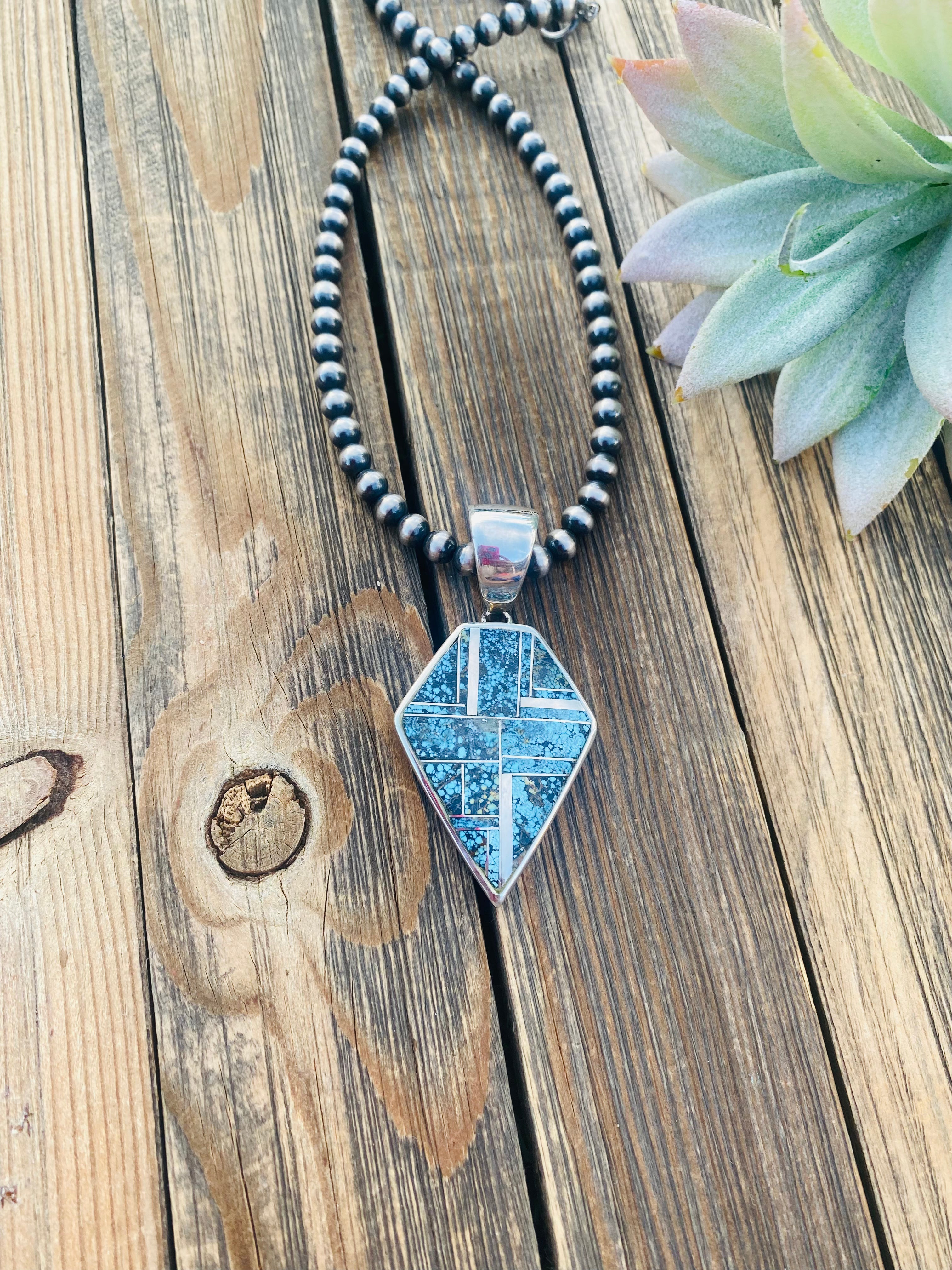 Navajo Blue Moon Turquoise and Sterling Silver Inlay Pendant