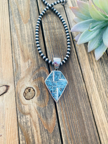 Navajo Blue Moon Turquoise and Sterling Silver Inlay Pendant