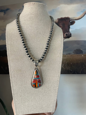 Navajo Multi Stone Inlay & Sterling Silver Pendant Signed