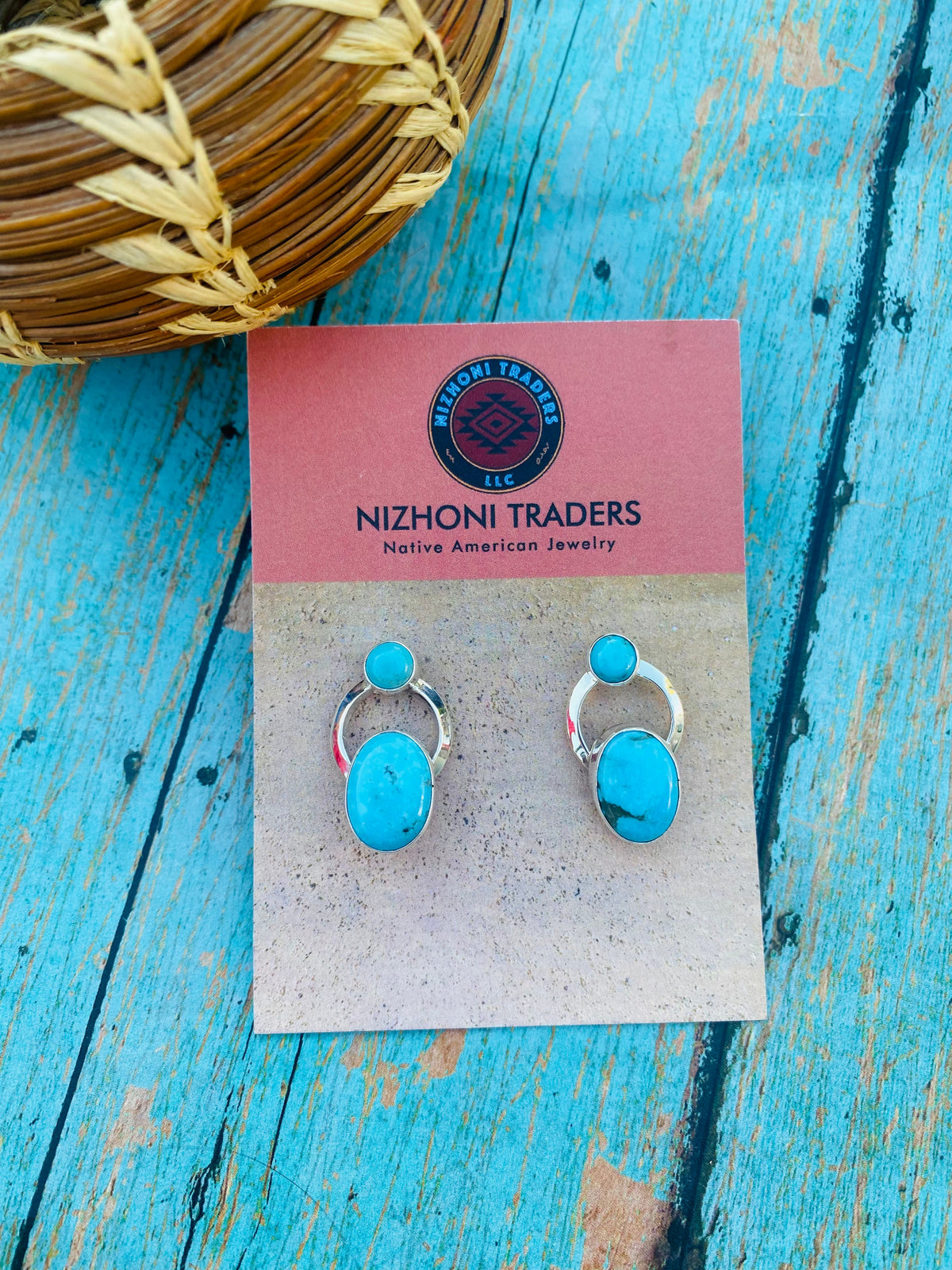 Navajo Kingman Turquoise & Sterling Silver Post Earrings Signed