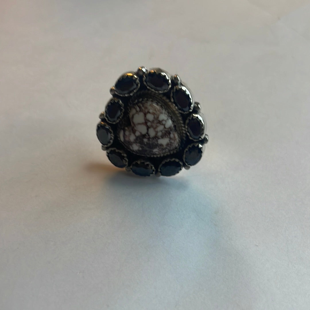 Beautiful Handmade Wild Horse, Black Onyx & Sterling Silver Adjustable Ring Signed Nizhoni