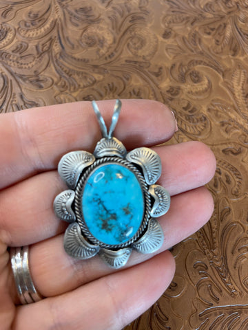 Navajo Turquoise And Sterling Silver Pendant Signed