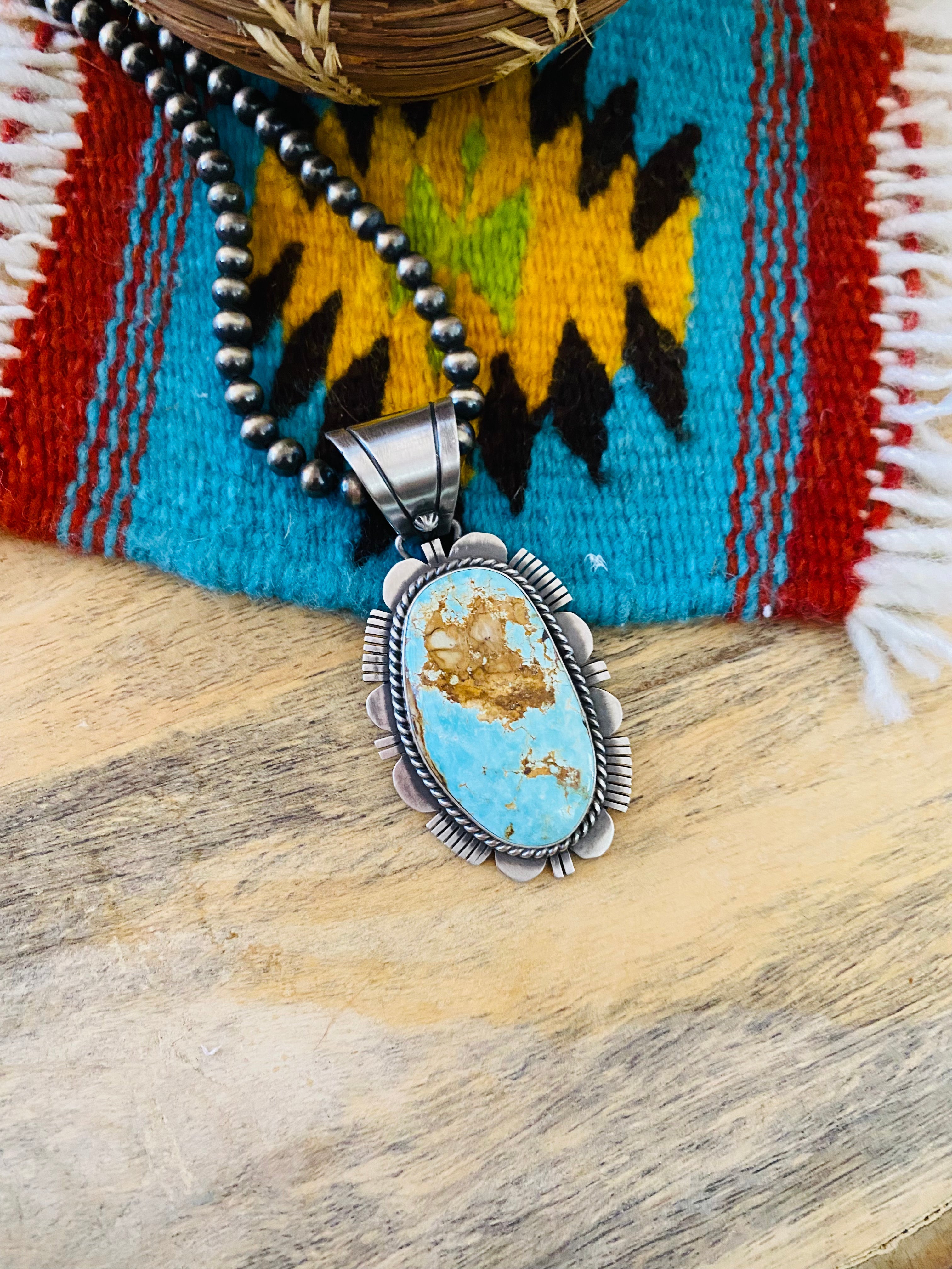 Navajo Royston Turquoise and Sterling Silver Pendant by Russell Sam