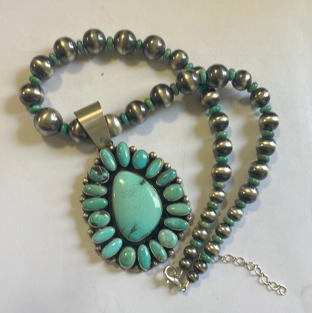 Beautiful Navajo Sterling Silver Beaded Turquoise Necklace With Pendant Signed Ella Peter