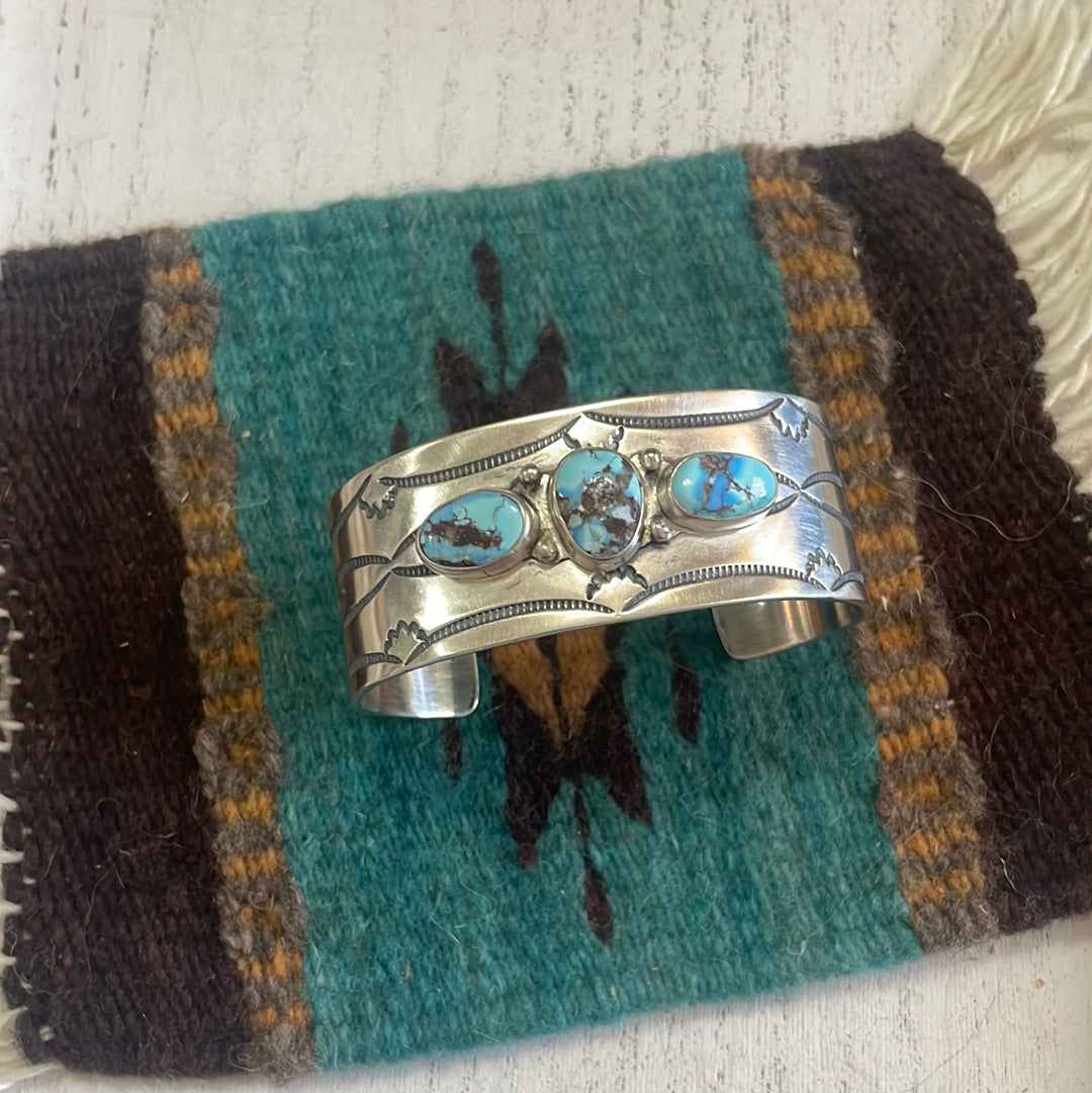 Navajo Golden Hills Turquoise & Sterling Silver Cuff Bracelet Signed