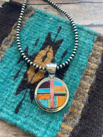 Navajo Multi Stone Inlay & Sterling Silver Circle Pendant