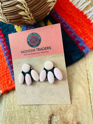 Navajo Queen Pink Conch & Sterling Silver Cluster Stud Earrings