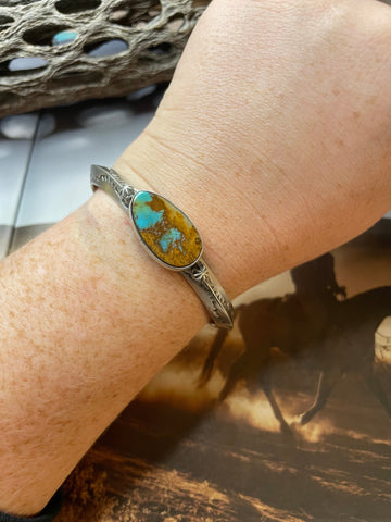 Navajo Hand Stamped Sterling Silver & Turquoise Cuff Bracelet Signed