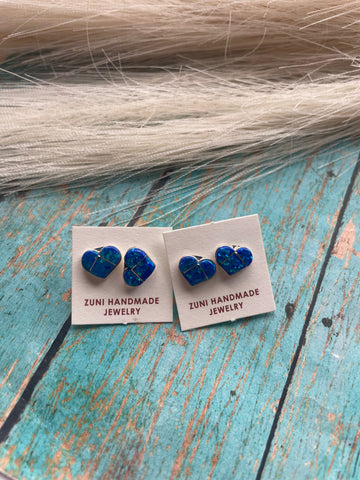 Zuni Sterling Silver & Blue Opal Inlay Heart Stud Earrings