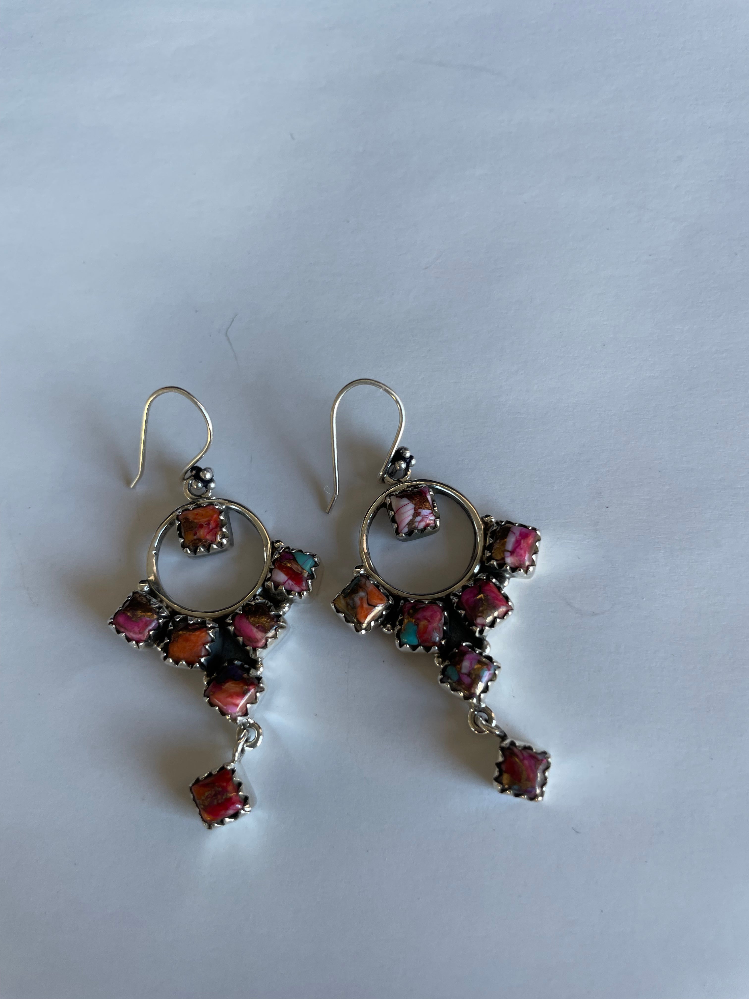 Handmade Mosaic Pink Dream & Sterling Silver Dangle Earrings Signed Nizhoni