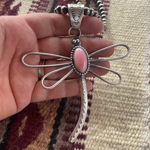 Navajo Pink Conch & Sterling Silver Dragonfly Pendant Signed