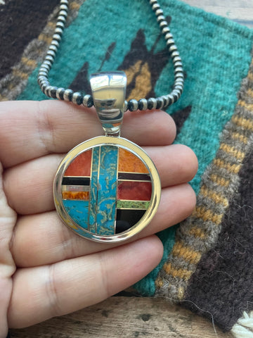 Navajo Multi Stone Inlay & Sterling Silver Circle Pendant