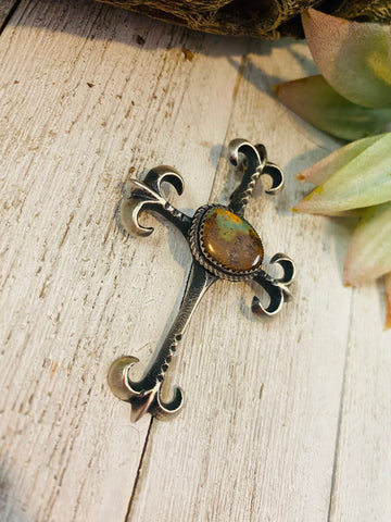 Navajo Sterling Silver & Royston Turquoise Cross Pendant By Martha Cayatineto